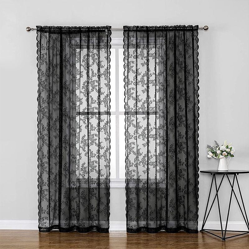 Florale Schwarze Transparente Spitzenvorhänge Für Das Wohnzimmer