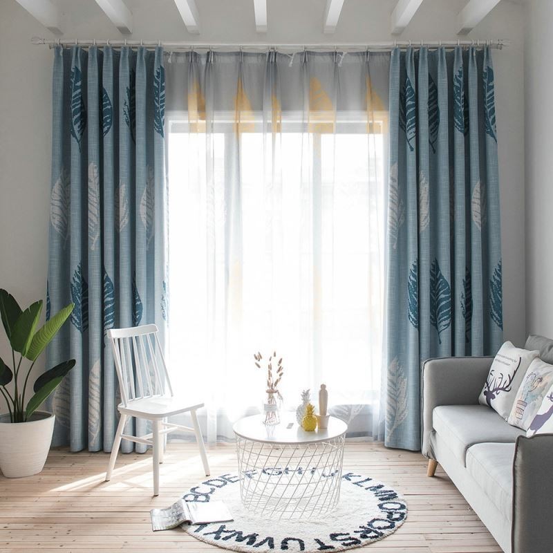 Verdunkelungsvorhang Mit Blauem Blattmuster, Maßgefertigter Vorhang, Moderne Minimalistische Fensterbehandlung