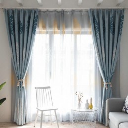 Verdunkelungsvorhang Mit Blauem Blattmuster, Maßgefertigter Vorhang, Moderne Minimalistische Fensterbehandlung