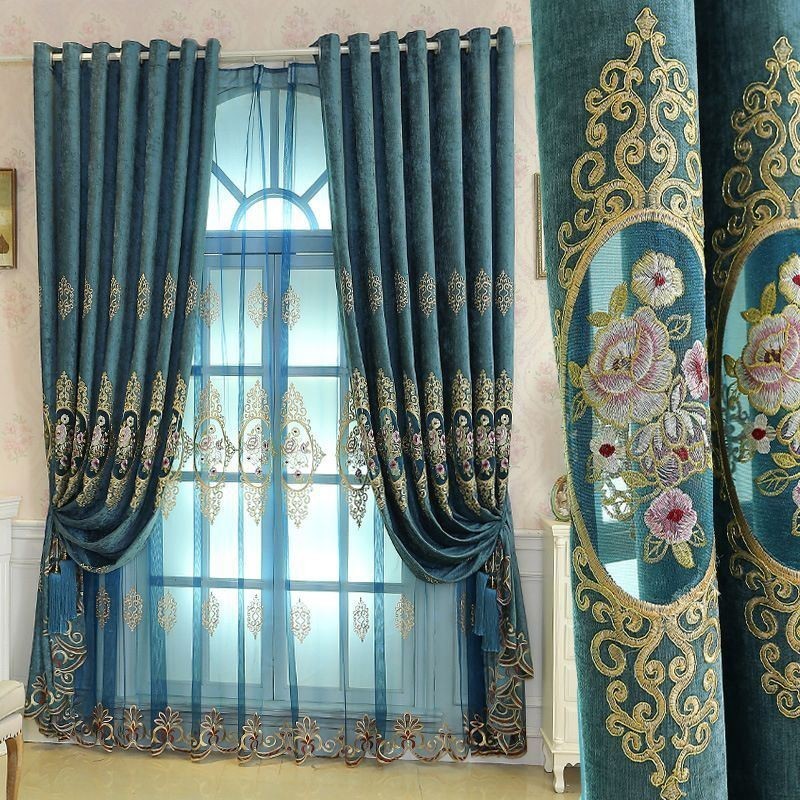 Chenille-Vorhang, Maßgefertigt, Vorhang Im Europäischen Stil, Blumenstickerei