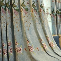 Verdunkelungsvorhang Aus Chenille, Maßgefertigt, Vorhang Mit Blumen- Und Pfauenstickerei