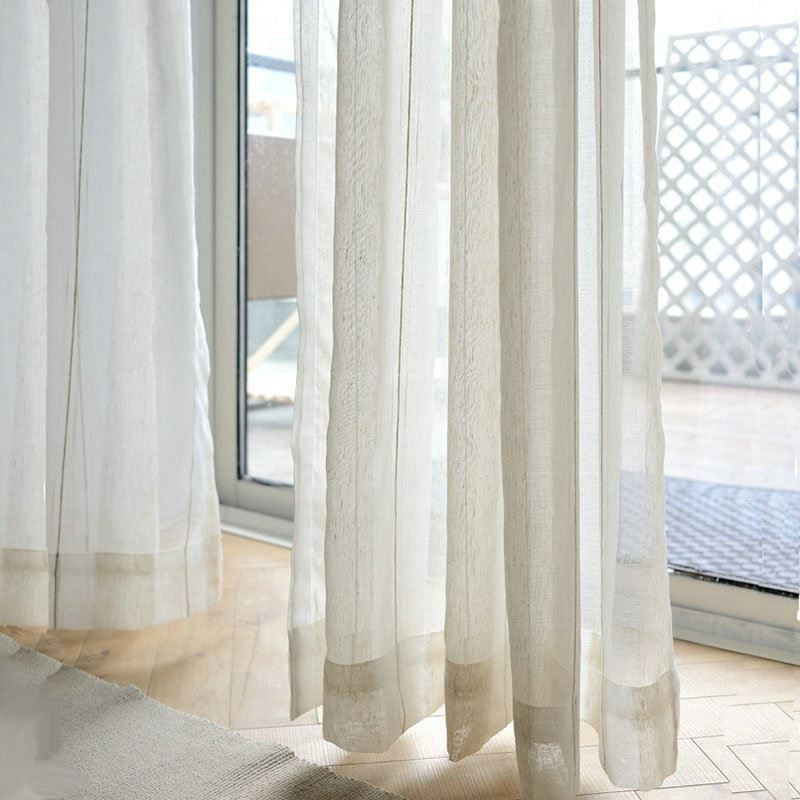 Japanischer Schlichter Vorhang, Maßgefertigt, Großer Streifen-Jacquard, Weißer Flachsstoff