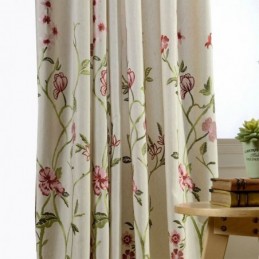 Moderner Verdunkelungsvorhang Aus Leinen, Maßgefertigt, Minimalistisch, Rote Blume, Bestickt
