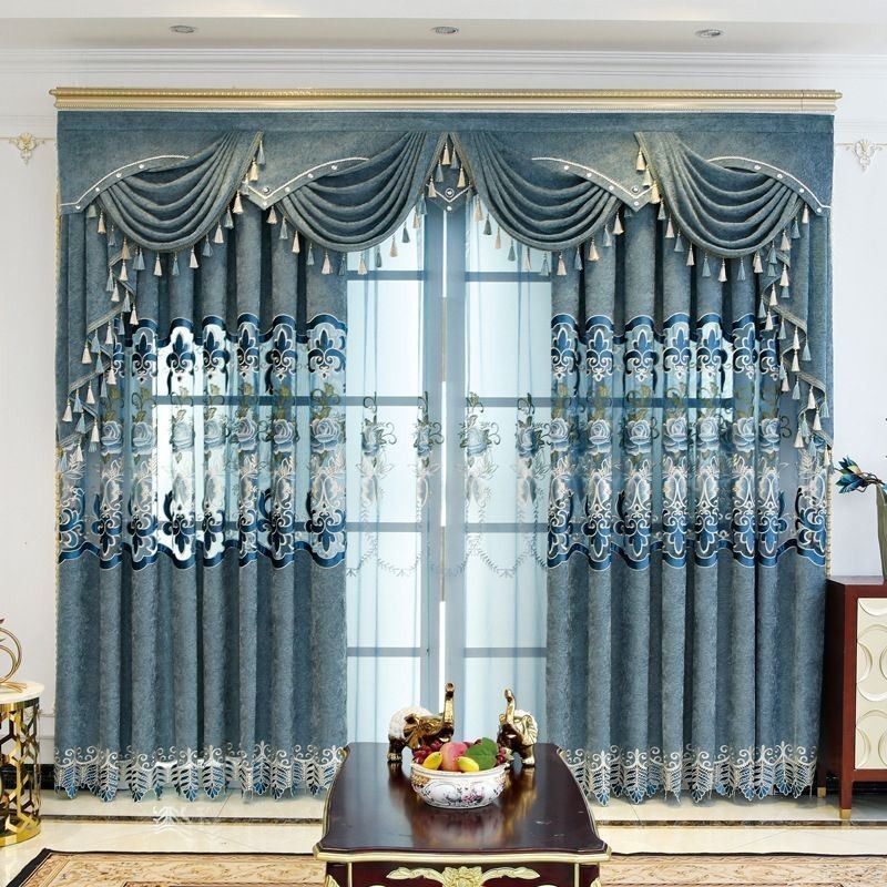 Chenille Halbverdunkelungsvorhänge Im Europäischen Stil Mit Blumenstickerei Für Wohnzimmer Und Schlafzimmer