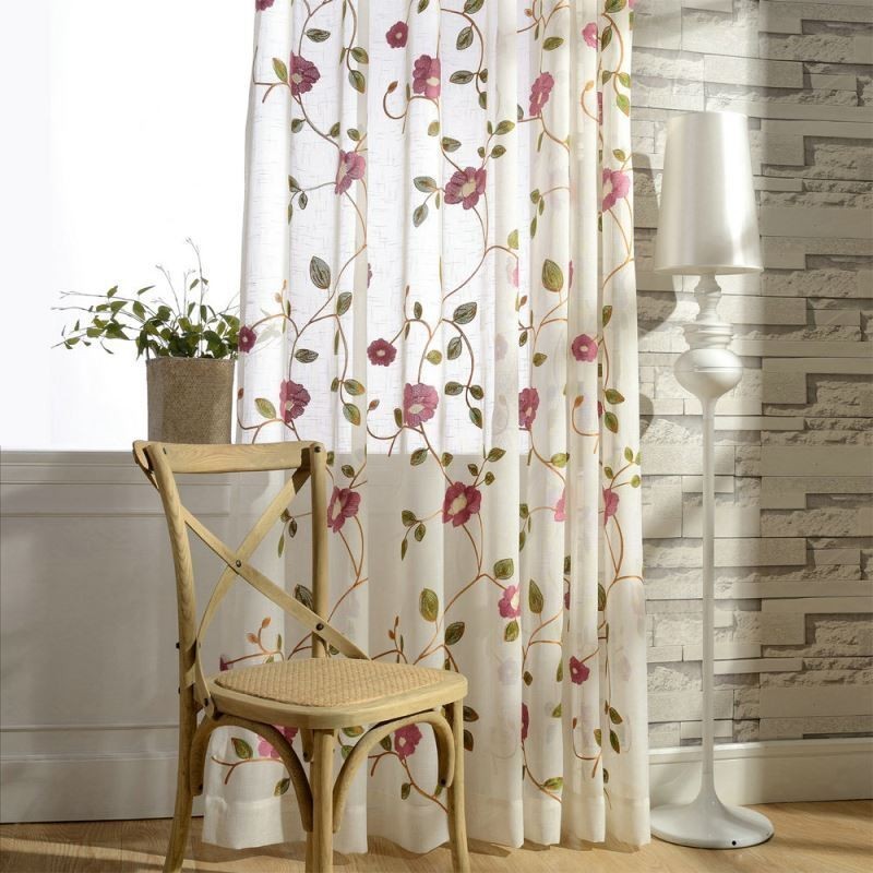 Moderner Minimalistischer Voile-Vorhang, Maßgefertigt, Vorhangplatte, Leinen, Fenster, Durchsichtig, Rosa Blattstickerei, Eins
