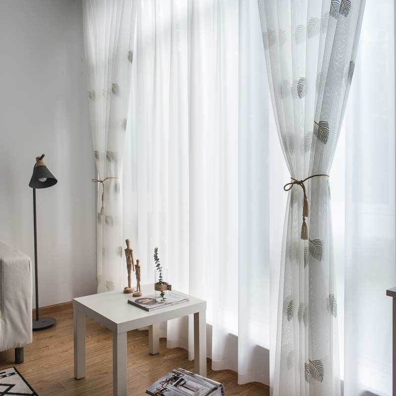 Nordischer Schlichter Vorhang, Maßgefertigt, Vorhang, Ländliche Blätter, Weiße Stickerei, Schlafzimmer, Wohnzimmer, Stoff