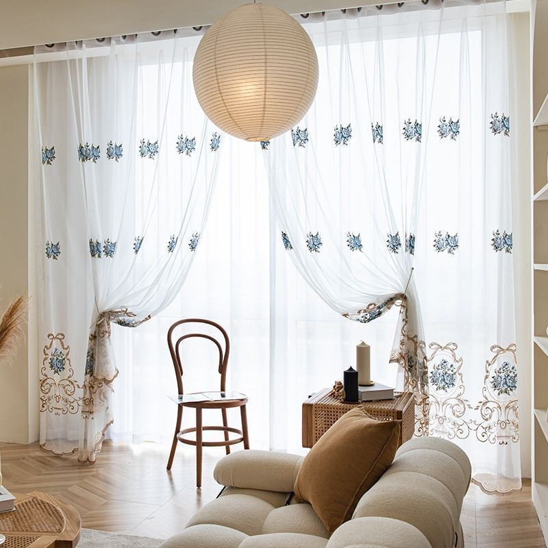 Floraler Fenstervorhang Nach Maß, Bestickter Tüllvorhang Für Wohnzimmer