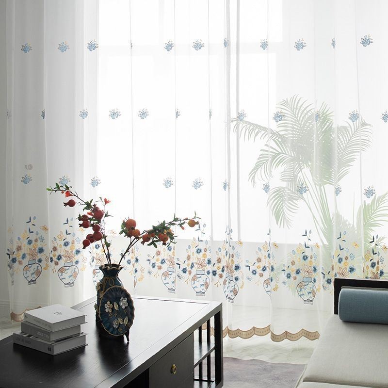 Bestickte Tüllvorhänge, Floraler Voile-Vorhang, Maßgefertigter Vorhang Für Wohnzimmer