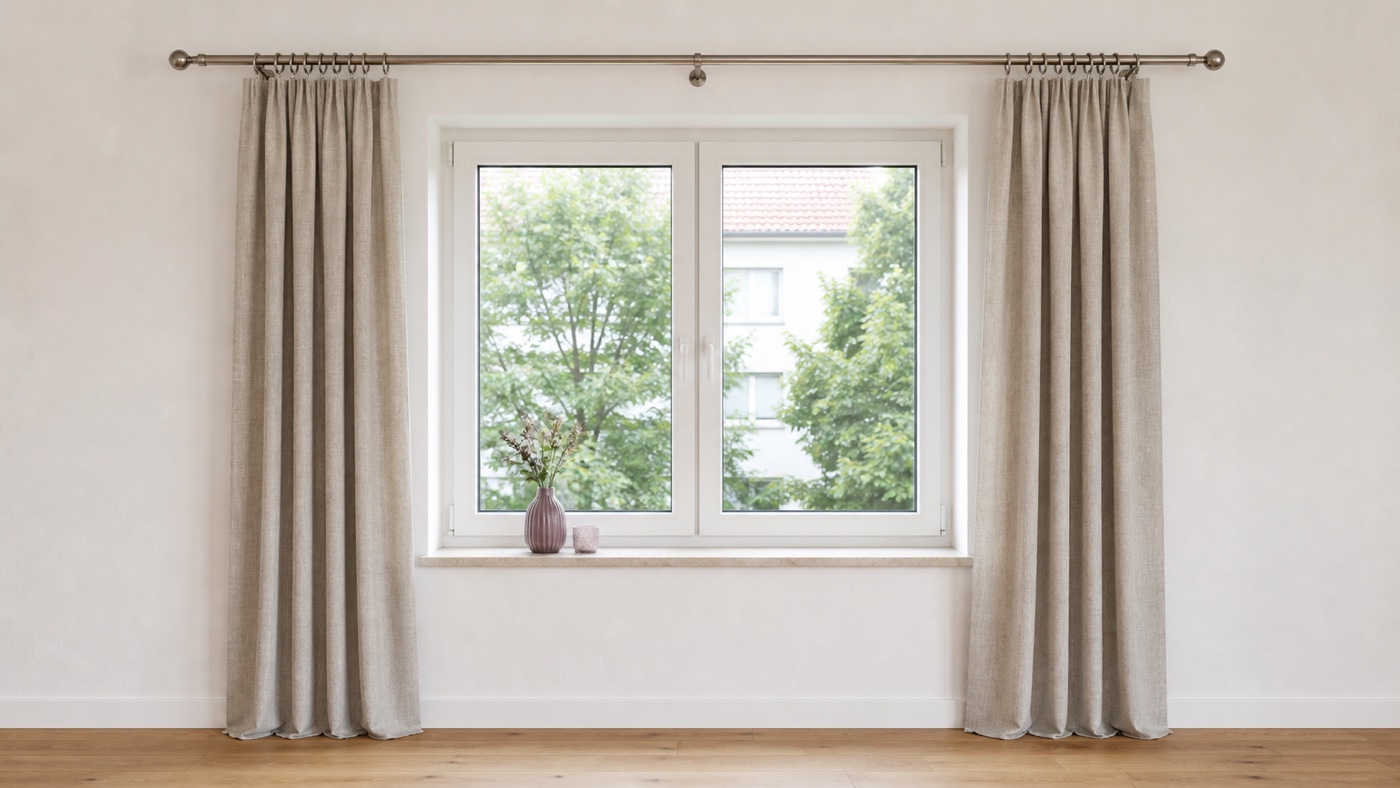 Vollständige Gardinenstange mit Endstücken, Haltern und frei sichtbarem Fenster