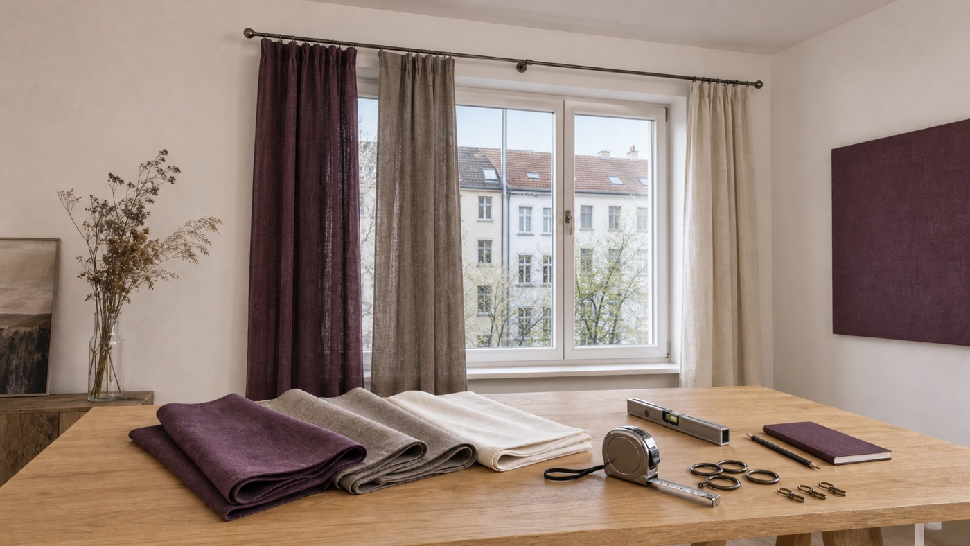 Stoffmuster, Metallmaßband, Wasserwaage und Gardinenzubehör auf einem deutschen Wohnraum-Arbeitstisch